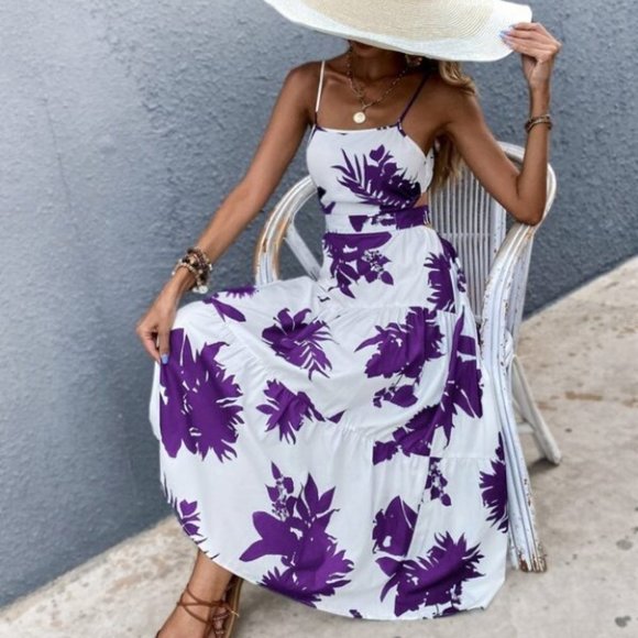 undefined Dresses & Skirts - Boho purple white floral tropical print tie back maxi dress